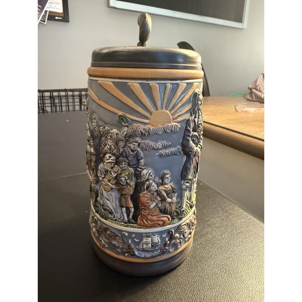Gerz Germany Pilgrims Beer Stein Ltd Ed 1333/5000 Pewter Lid 1987 Dolphin Finial